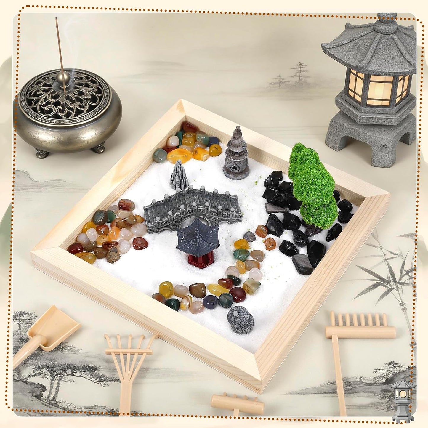 Angirlish 43PCS Zen Garden Kit for Desk, Mini Sandbox Set Gifts Included Wooden Tray Sand Tools Mini Resin Ducks and Accessories, Sand Tray Therapy for Meditation Room Office Home(Duck)
