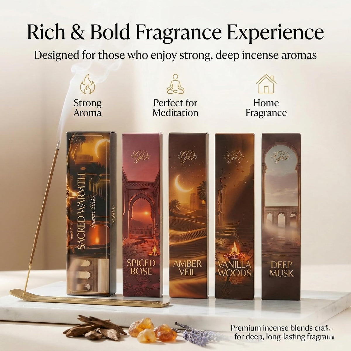 Incense Sticks Variety Pack with Wooden Holder | Nag Champa, Rose, Lavender, White Sage, Frankincense, Palo Santo & Sandalwood | Hand-Rolled Masala Incense