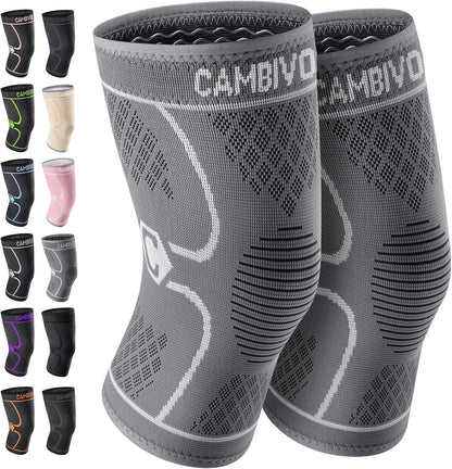 CAMBIVO 2 Pack Knee Braces for Women & Men, Knee Compression Sleeves for Knee Pain Relief, Knee Support with Non-Slip Silicone, Breathable, for Running, Workout, Weightlifting & Daily Use, Arthritis Support (Black, Medium)