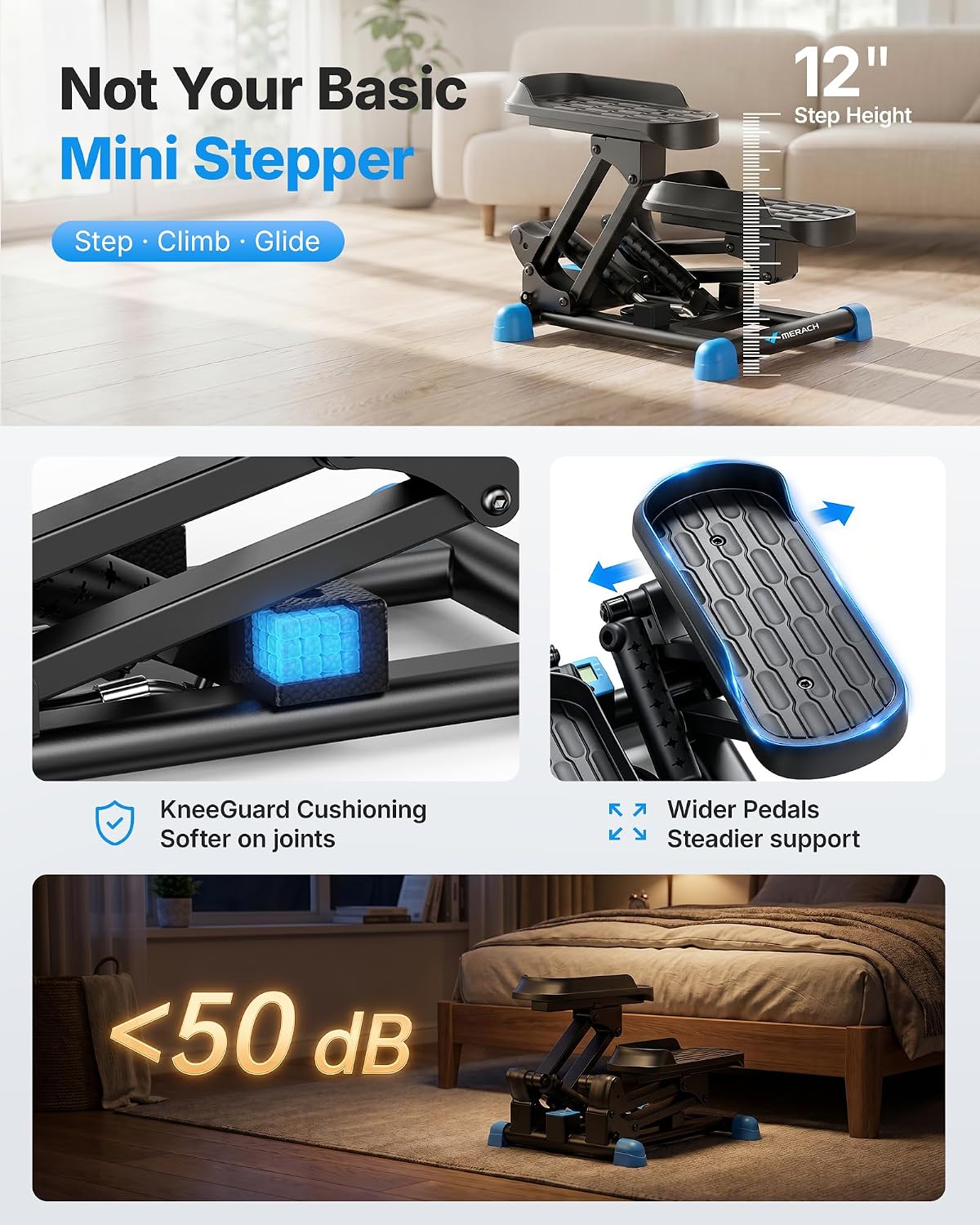 MERACH New 3-in-1 Stair Climber, Mini Steppers for Exercise at Home with Large Stride & Shock Pad Design, with Resistance Bands for Full Body Workout, 330 LBS Capacity Exercise Equipment