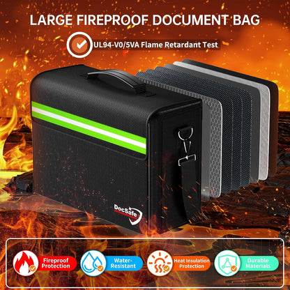 DocSafe Fireproof Document Bag with Multiple Pockets,5200°F Large (17”x12.5”x7.2”) File Organizer Fireproof Waterproof Bag Important Document Holder Home Office Portable Filing Storage for Valuables