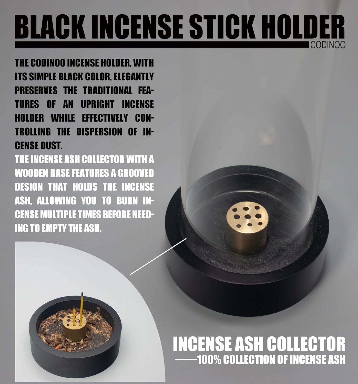 Incense Holder for Sticks,Modern Incense Stick Holder with Glass Ash Catcher[Anti ash Flying], Incense Burner Holder,Zen Glass Incense Holder,for Spa Home Decor Yoga Meditation[Black]