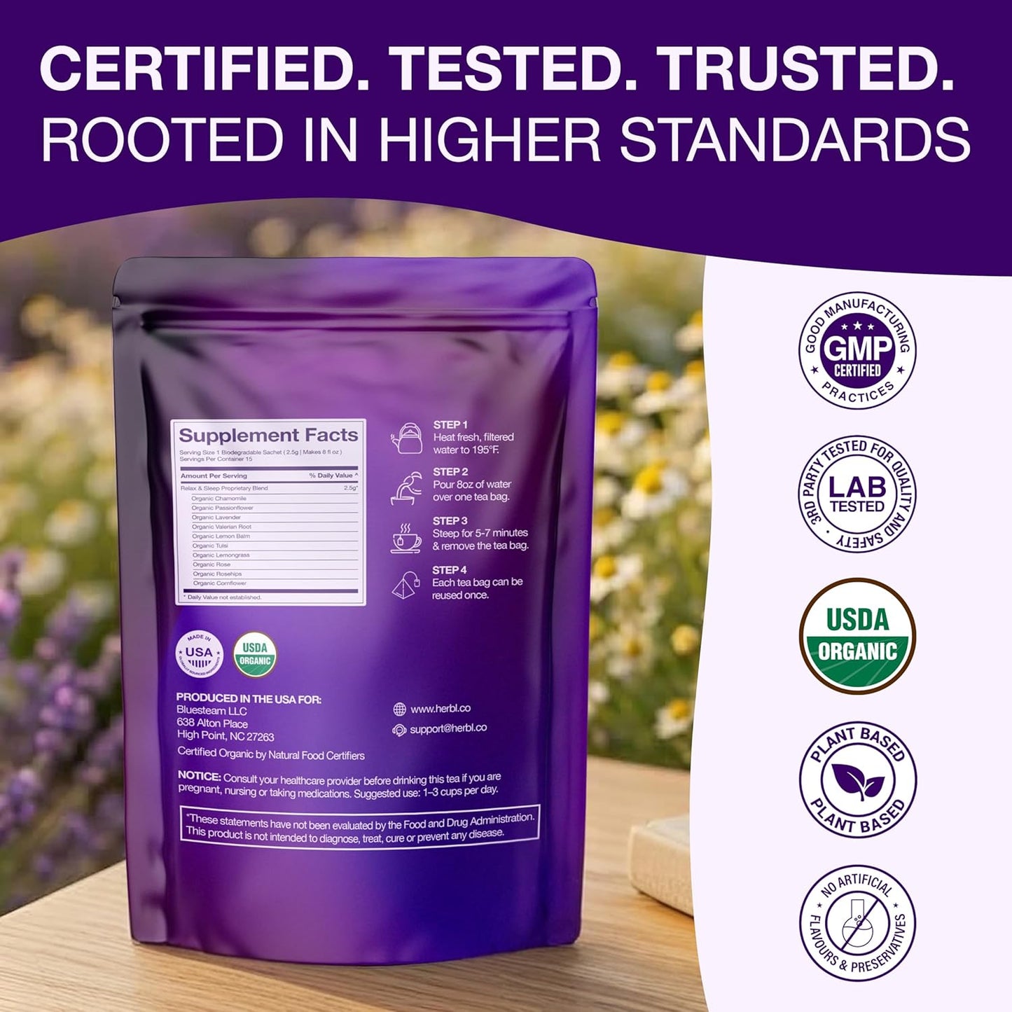 Organic Chamomile Lavender Tea - Relax & Sleep Tea - Chamomile Lavender Tea with Valerian, Passionflower, Lemon Balm and Extra Herbal Ingredients - The Ultimate USDA Organic Sleep Tea