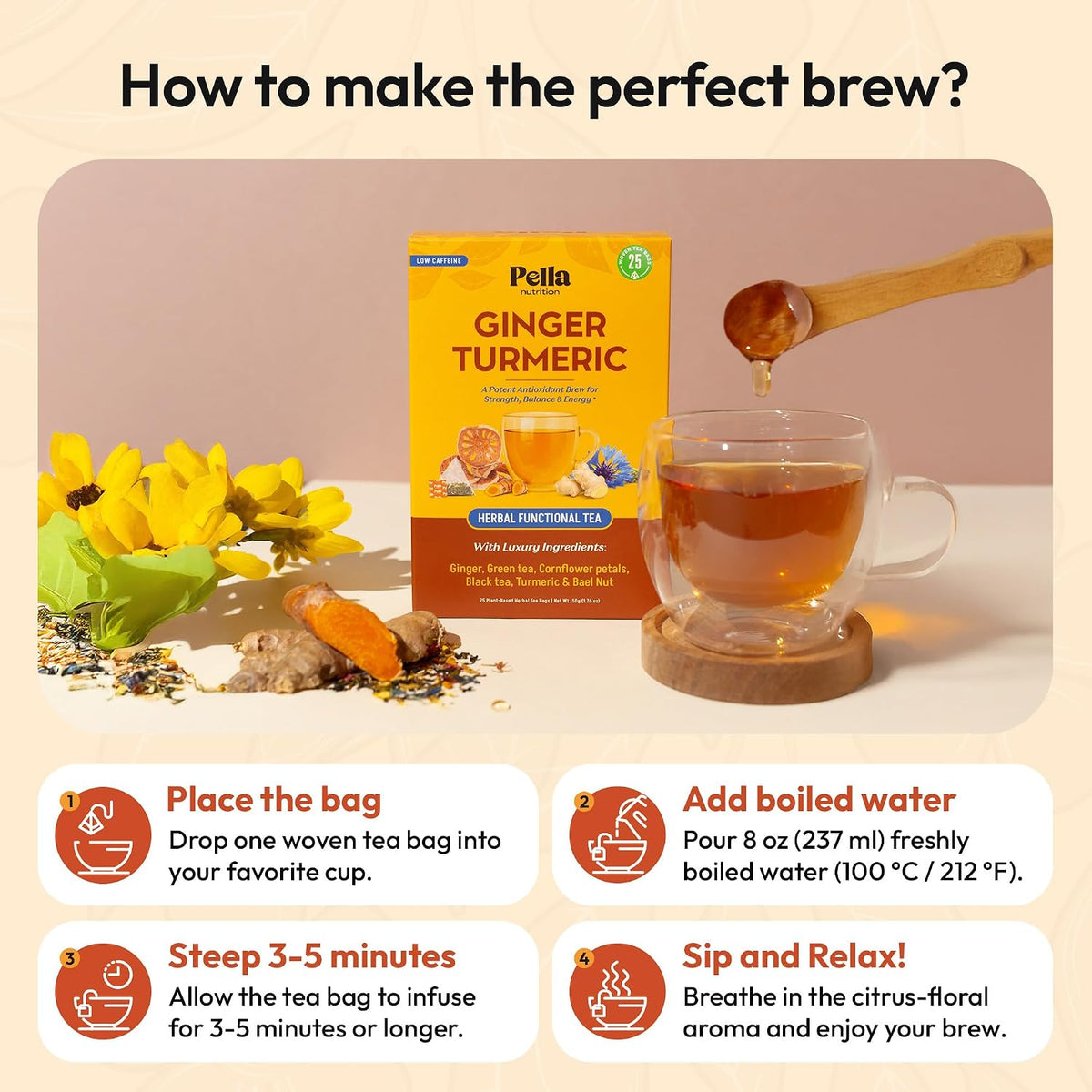 Pella Nutrition Ginger Turmeric Herbal Functional Tea - 25 Teabags