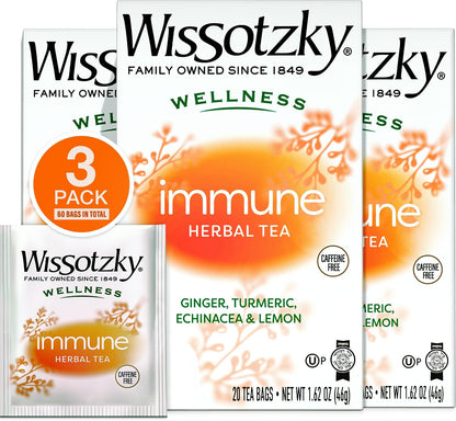 Wissotzky Wellness Immune Herbal Tea, (3 Pack - 60 Tea Bags) | Caffeine Free | With Ginger, Turmeric, Echinacea & Lemon | Herbal Tea for Immune Support & Daily Wellness | Bright, Invigorating Flavor