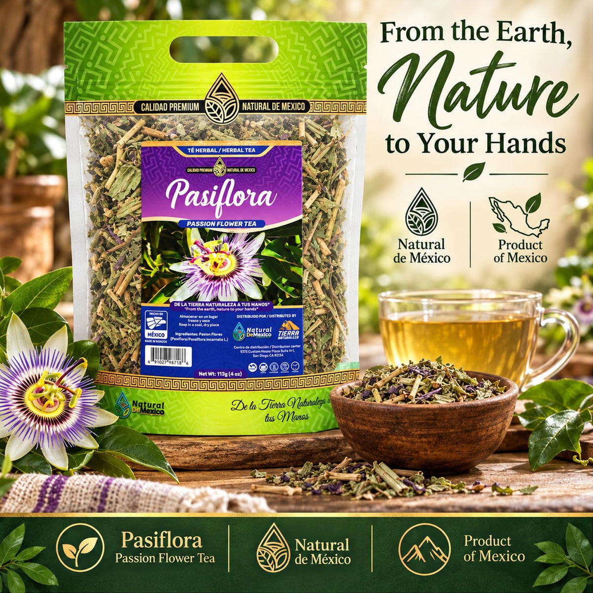 Natural de Mexico Pasiflora - Passion Flower Herbal Tea, Loose Dried Herb for Traditional Infusion, Resealable Pouch 4 oz (113 g)