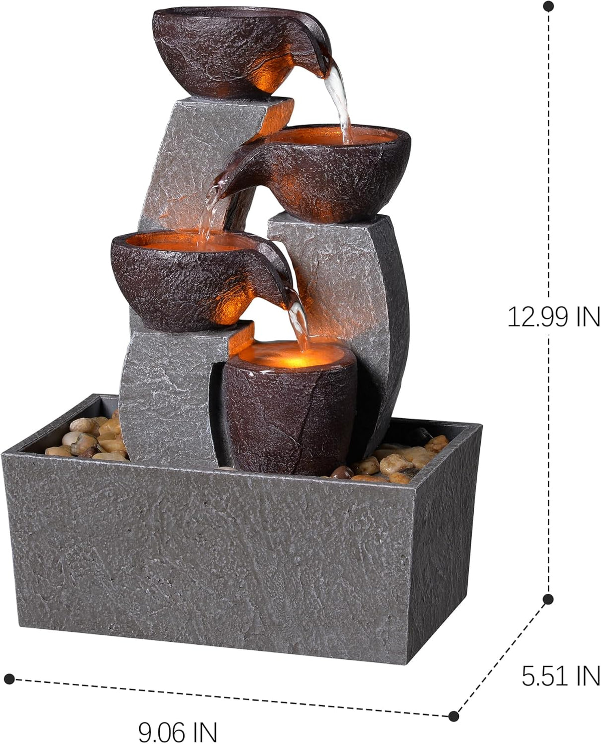 GOSSI Tabletop Water Fountain with LED Lights, Indoor Waterfall Fountain with Cascading Bowls and Pebbles, Small Desk Fountain for Home Office Decor
