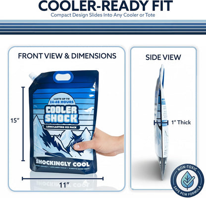 Cooler Shock Reusable Ice Packs for Cooler - Long Lasting Cold Freezer Packs for Coolers and Lunch Boxes - Cooler Ice Packs for Camping Gear, Fishing, Road Trips, Beach Must Haves