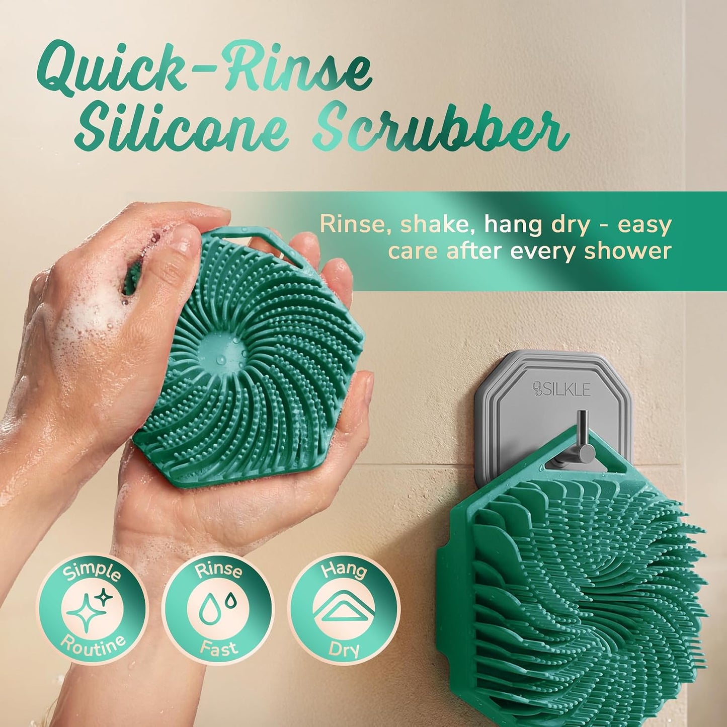 SILKLE Silicone Body Scrubber – Gentle Exfoliating Shower Scrubber for Body & Bath, Silicone Shower Brush & Loofah Alternative – Non-Slip Silicone Body Brush, Quick Dry, Hygienic - Pink