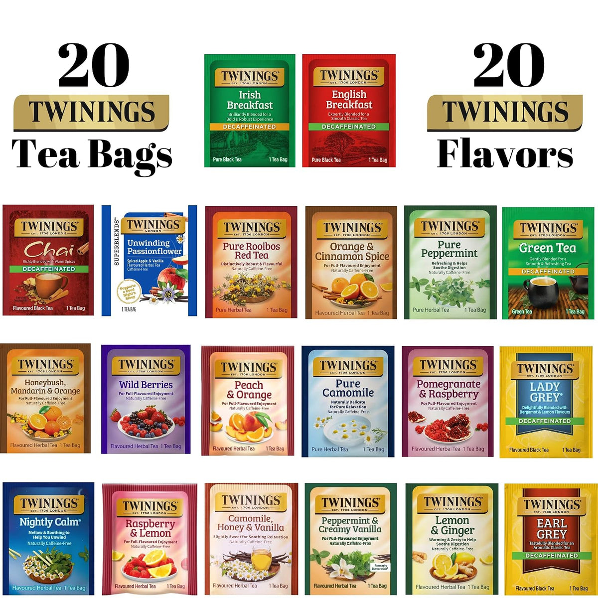 Twinings Herbal & Decaf Tea Variety Pack - Decaf Tea Sampler - Individually Wrapped Herbal Tea Bags, Green Decaf, Lady Grey Decaf, Earl Grey Decaf, Pure Peppermint, Camomile, Rooibos Red, Honeybush Mandarin Orange, Plus 13 More Flavors (Decaf, 1 Count