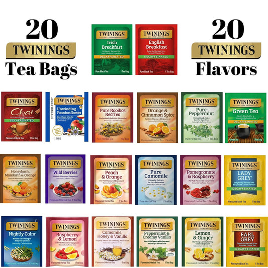 Twinings Herbal & Decaf Tea Variety Pack - Decaf Tea Sampler - Individually Wrapped Herbal Tea Bags, Green Decaf, Lady Grey Decaf, Earl Grey Decaf, Pure Peppermint, Camomile, Rooibos Red, Honeybush Mandarin Orange, Plus 13 More Flavors (Decaf, 1 Count
