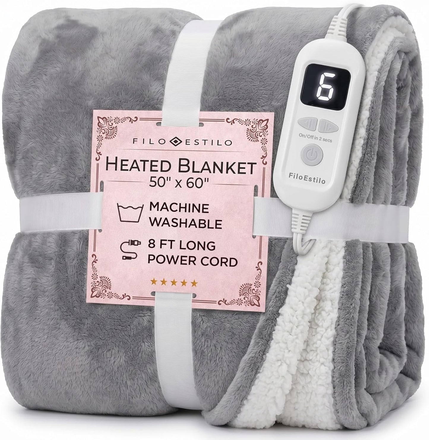 FILO ESTILO Electric Heated Throw Blanket 50"x60", 8ft Cord, 6 Heat Levels, Auto Shut Off, Machine Washable | Sherpa Heated Throw Blanket for Couch, Sofa & Bed Rapid Heating - Natural, Grey