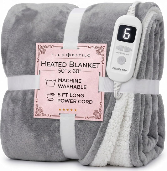 FILO ESTILO Electric Heated Throw Blanket 50"x60", 8ft Cord, 6 Heat Levels, Auto Shut Off, Machine Washable | Sherpa Heated Throw Blanket for Couch, Sofa & Bed Rapid Heating - Natural, Grey