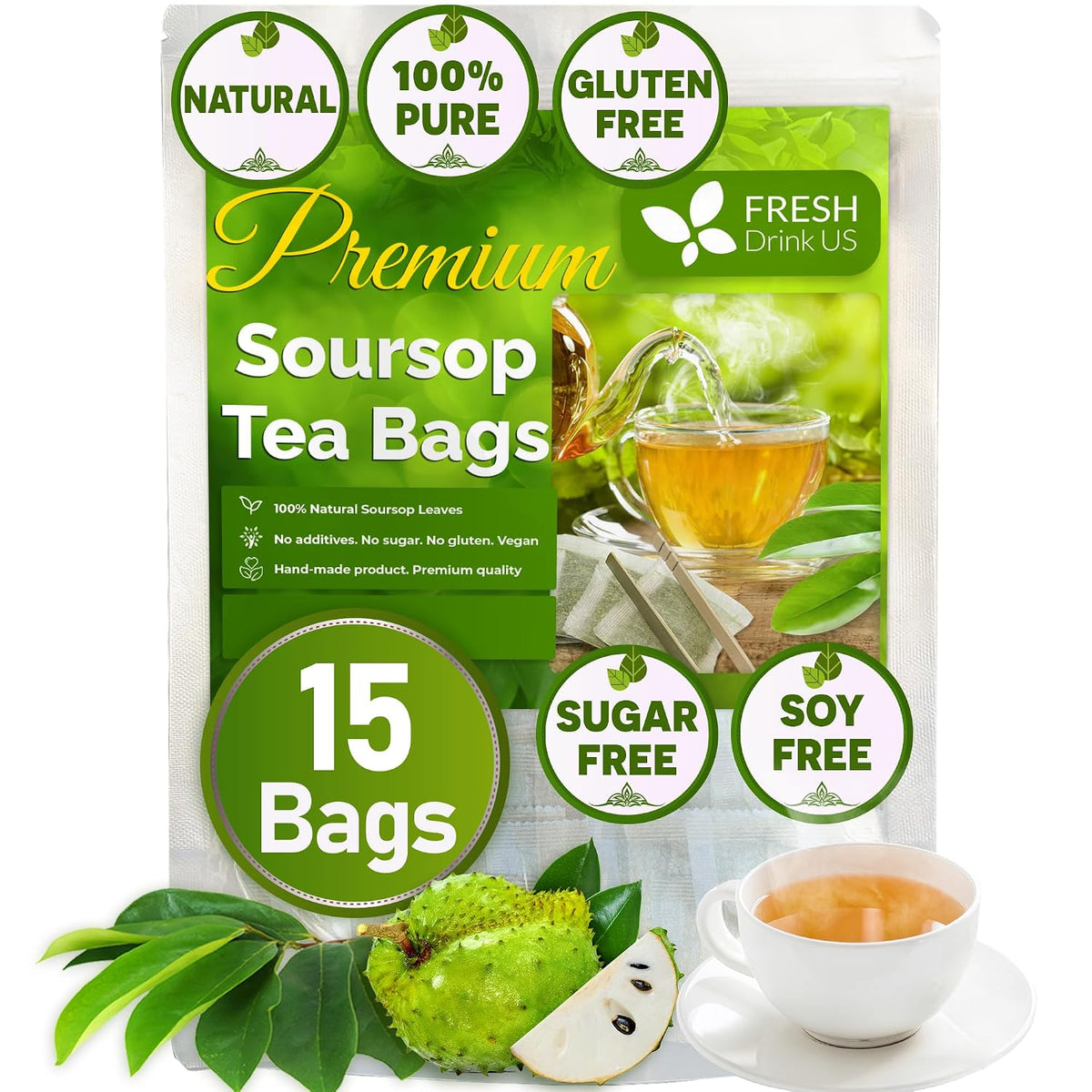 FreshDrinkUS, Premium Soursop Leaf Tea, 15 Count, Pure, Caffeine Free