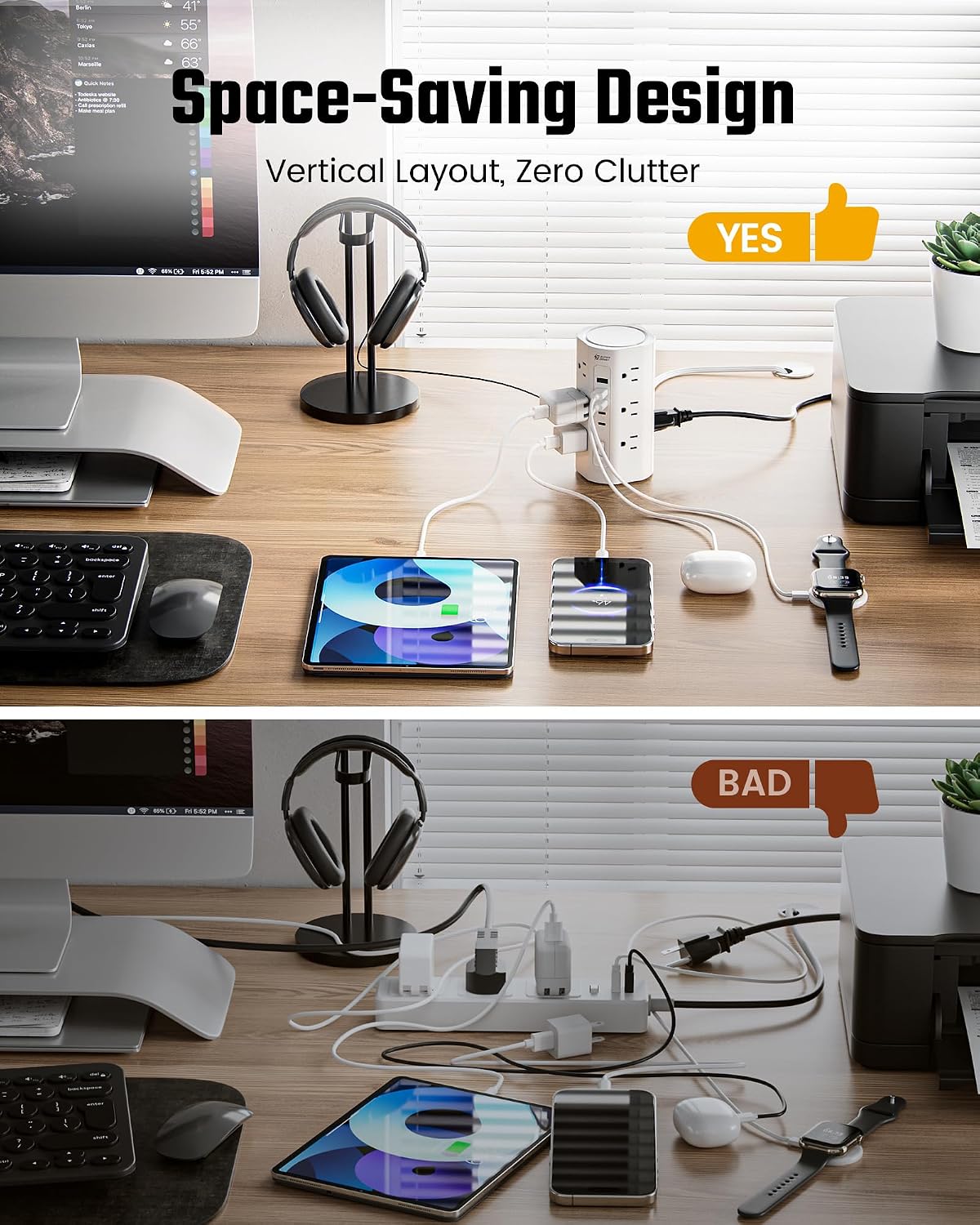 10Ft Tower Power Strip, Long Extension Cord, Flat Plug, 1700J, 12 AC 5 USB