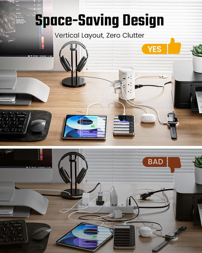 10Ft Tower Power Strip, Long Extension Cord, Flat Plug, 1700J, 12 AC 5 USB
