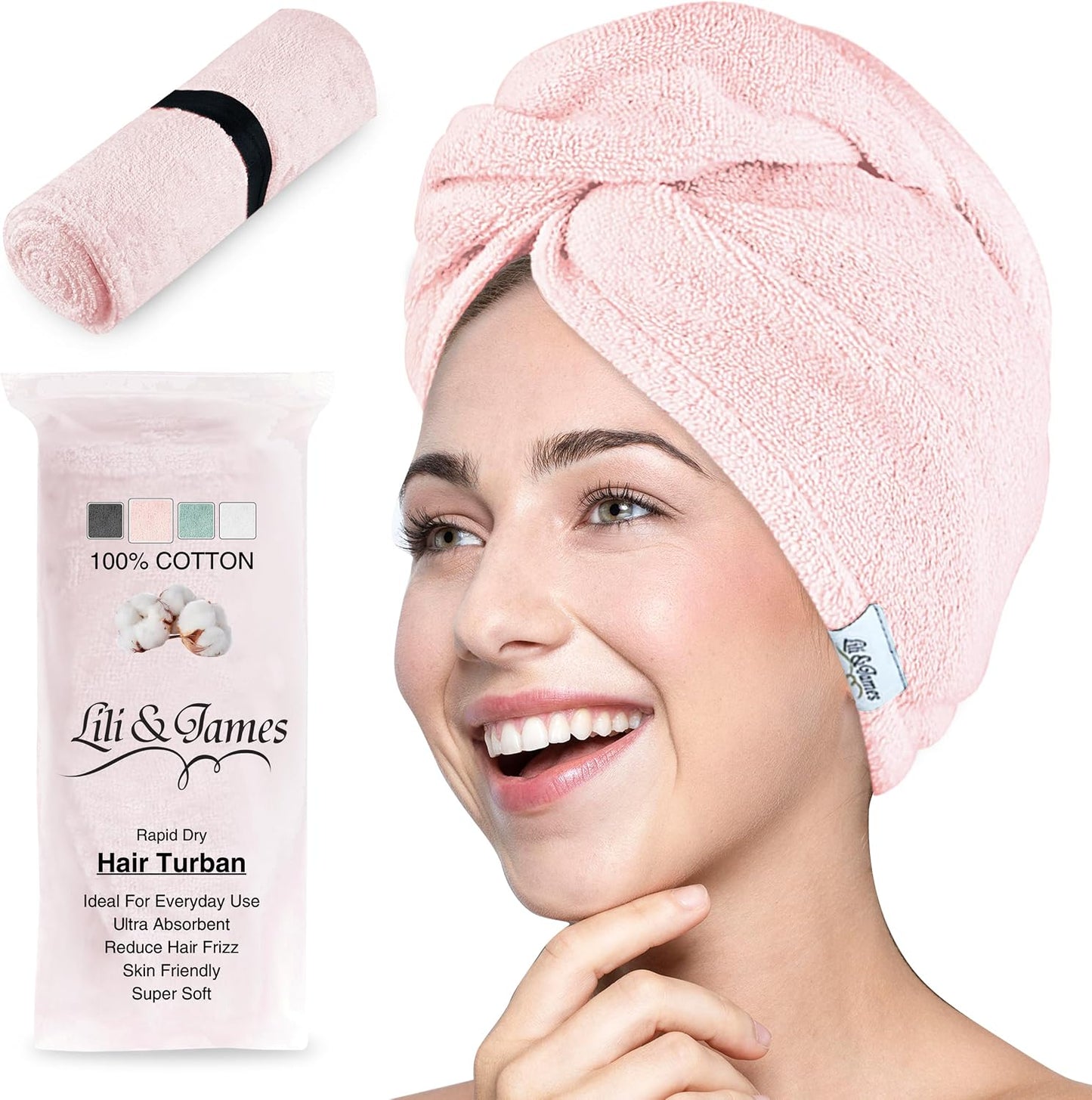 Lili&James 100% Cotton Hair Towel Wrap for Women & Kids – 420 GSM Quick Dry Hair Turban with Double Button Loop, Anti Frizz Non Microfiber Hair Drying Towel for Curly, Long & Thick Hair (Lilac)