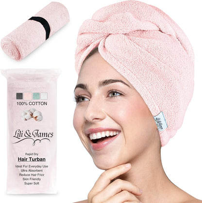 Lili&James 100% Cotton Hair Towel Wrap for Women & Kids – 420 GSM Quick Dry Hair Turban with Double Button Loop, Anti Frizz Non Microfiber Hair Drying Towel for Curly, Long & Thick Hair (Lilac)