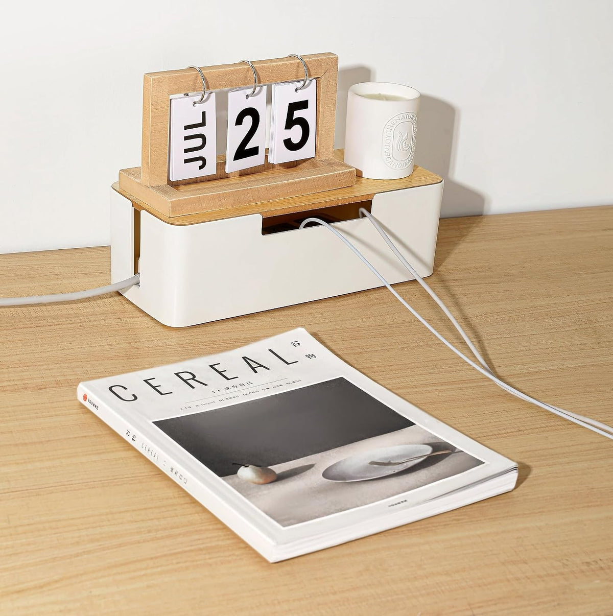 Cable Management Box, Cord Organizer Box with Bamboo Lid, White