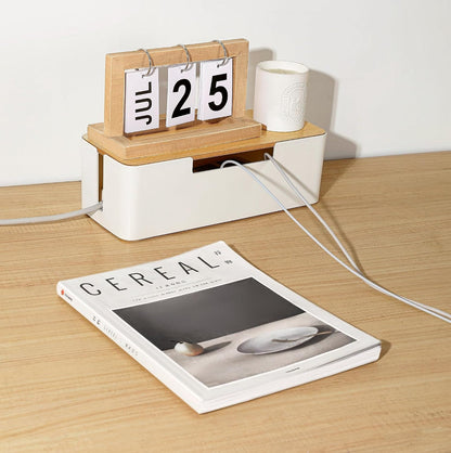 Cable Management Box, Cord Organizer Box with Bamboo Lid, White