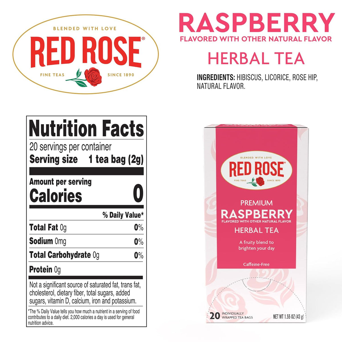 Red Rose Raspberry Herbal Tea Refreshing & Fruity Brewed Naturally Flavored Tea with 20 Individually Wrapped Tea Bags Per Box Caffeine Free Brew Hot