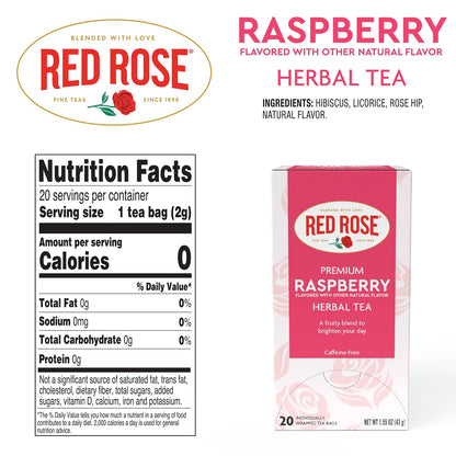 Red Rose Raspberry Herbal Tea Refreshing & Fruity Brewed Naturally Flavored Tea with 20 Individually Wrapped Tea Bags Per Box Caffeine Free Brew Hot