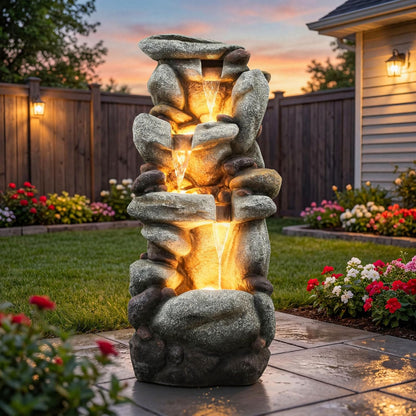 19.5" H 4-Tier Indoor & Outdoor Water Fountain with LED Lights | Resin Pebble Textured Tabletop Cascading Water Feature, Relaxing Decor for Patio, Porch, Deck, Yard & Home