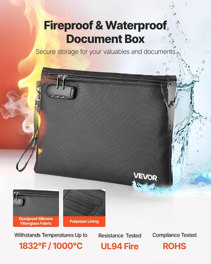 VEVOR Fireproof Document Bag, 1832 ℉ Heat Insulated Fireproof & Waterproof Bag, Portable Multi-Layer File Storage Security Organizer Home Office Travel Use, for Passports, Important Documents, Files
