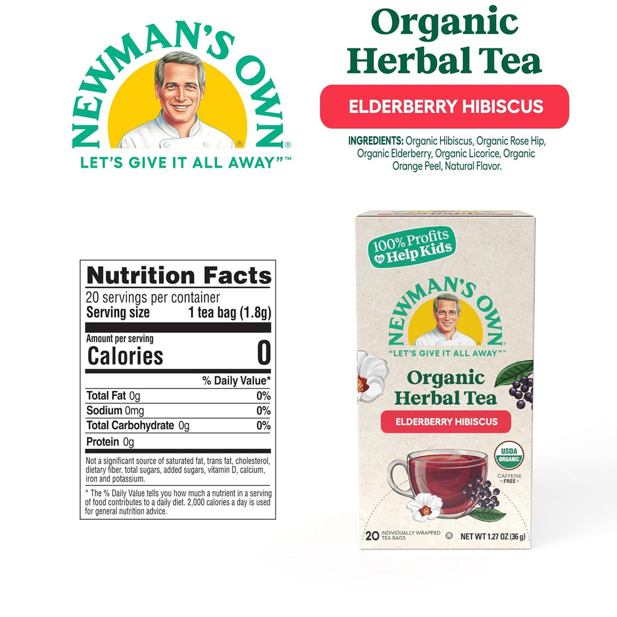 Newman's Own Organic Elderberry Hibiscus Tea with 20 Individually Wrapped Bags Per Box (Pack of 2) USDA Certified Caffeine Free Brew Hot/Cold 40 Count
