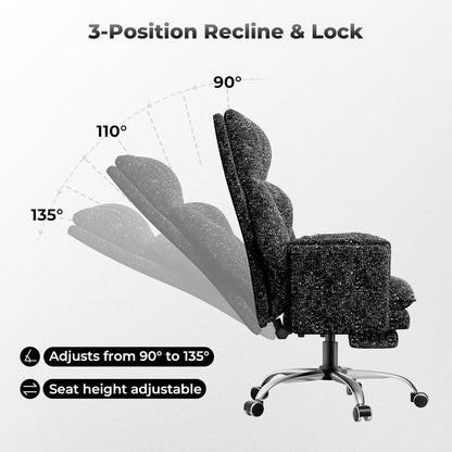 Big and Tall Office Chair, Flip Armrests for Pets & Cross Legged Sitting, Executive Ergonomic Computer Gaming Chair with Foot Rest, Teddy Fleece Wide Seat Reclining Desk Chair, White Vanity Chair
