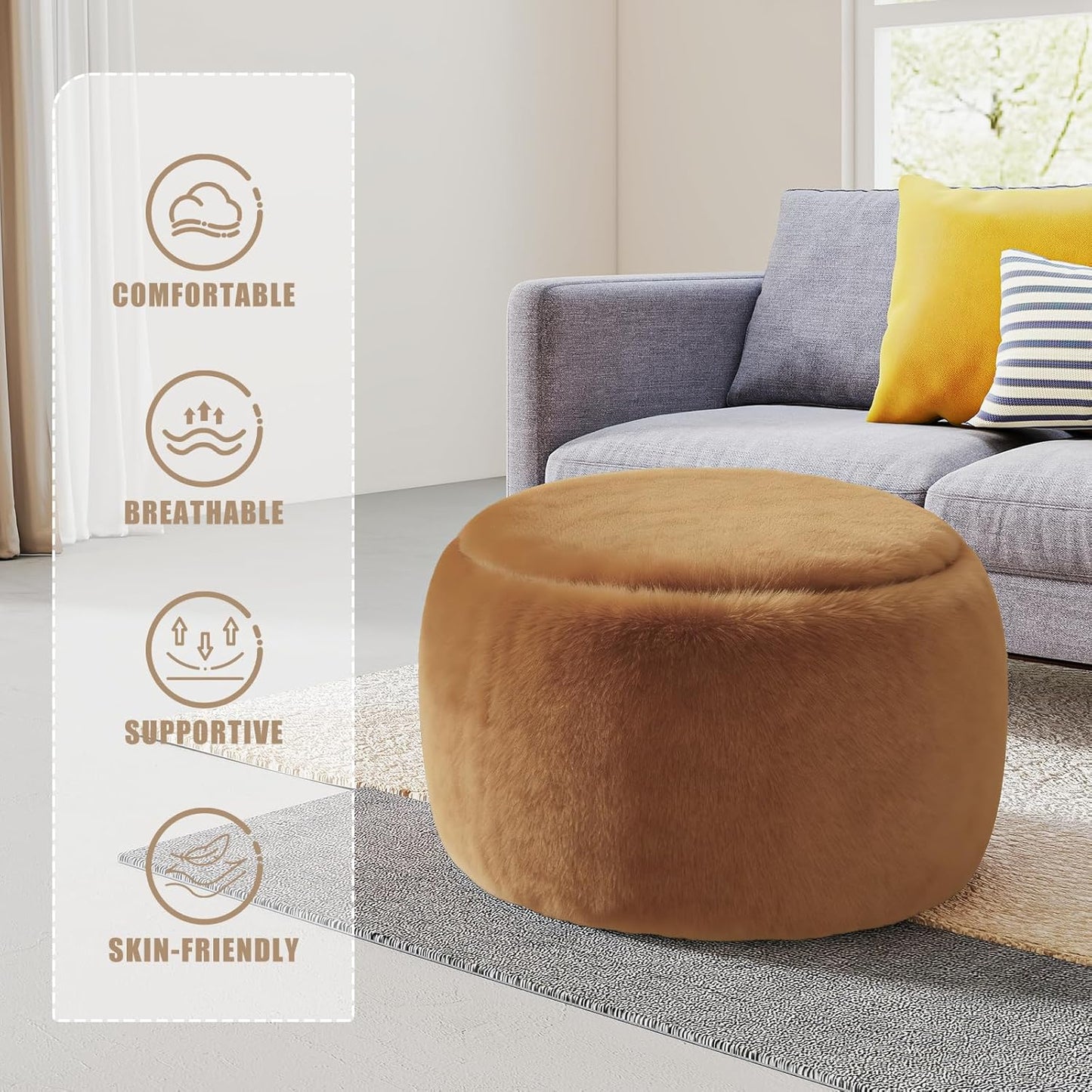 Round Stuffed Pouf Ottoman Foot Rest, Faux Fur Poufs with Memory Foam Filling, Ottomans for Living Room, Nursery, Dorm, Soft Foot Stool Ottoman for Couch, Perfect for Resting Your Feet (Grey, 20 Inch)