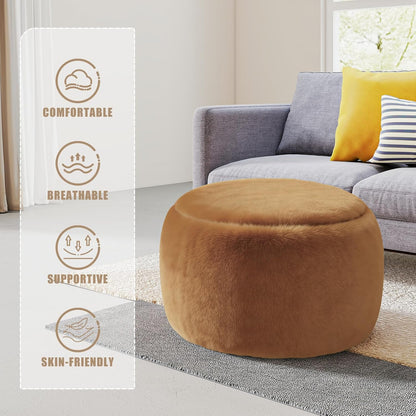Round Stuffed Pouf Ottoman Foot Rest, Faux Fur Poufs with Memory Foam Filling, Ottomans for Living Room, Nursery, Dorm, Soft Foot Stool Ottoman for Couch, Perfect for Resting Your Feet (Grey, 20 Inch)
