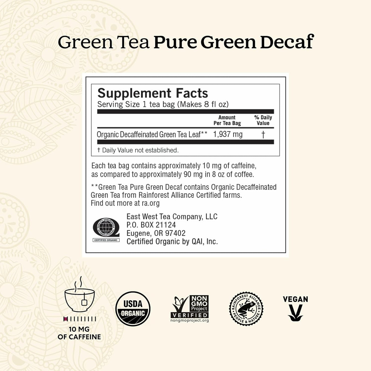 Yogi Green Tea Pure Green Decaf, 16 Tea Bags (6 Pack)