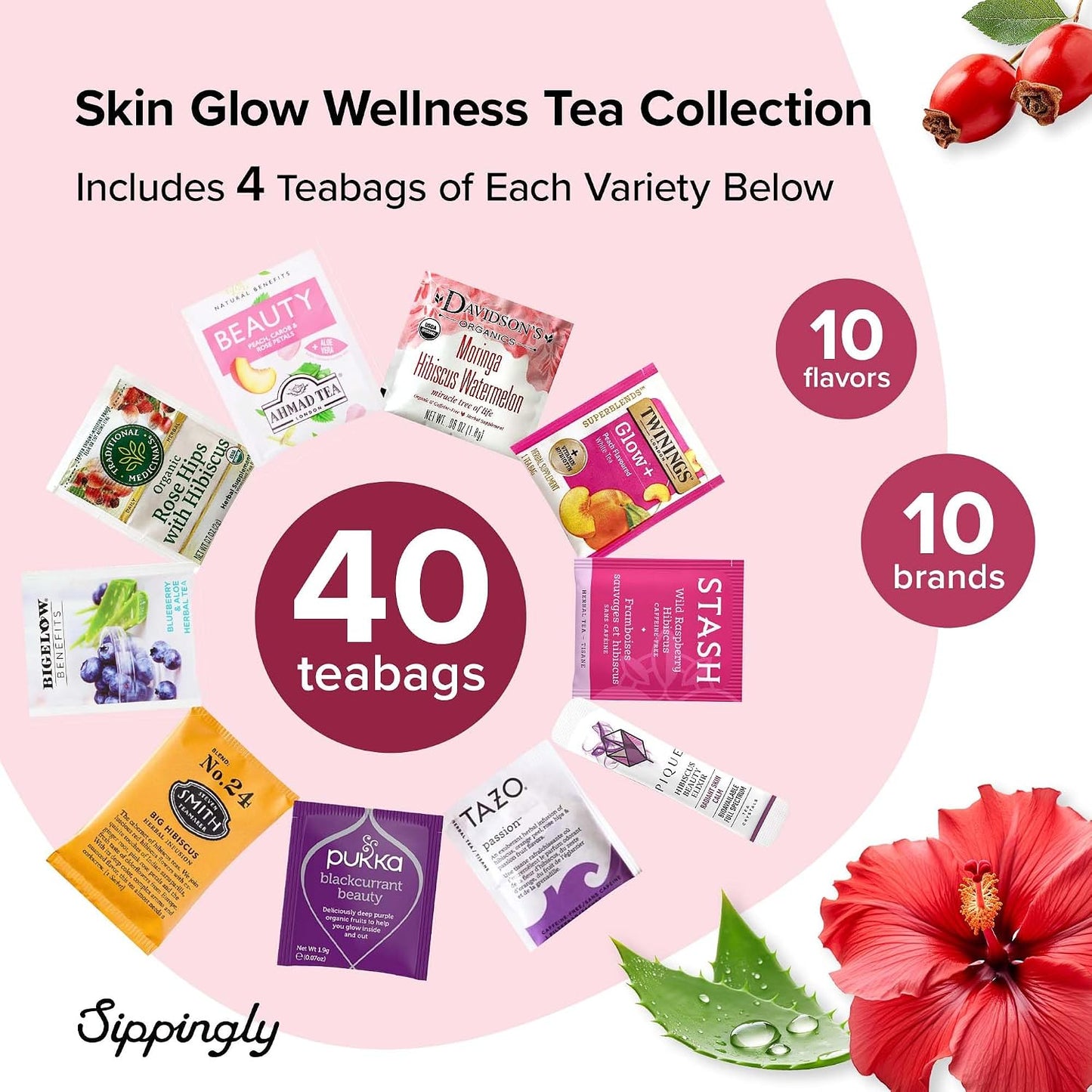 Sippingly Night Time Tea Sampler – 40 Herbal Teas – 10 Flavors from Top Brands – Chamomile, Lavender, Passionflower – Perfect Relaxation & Calm Support – Ideal Wellness Gift – Kosher, Gluten-Free