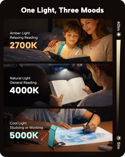86lux Book Light, Rechargeable Clip-On LED Reading Light for Bed & Night Use - 3 Color Temperatures with Stepless Dimming, Ultralight Bookmark Design for Book Lovers, Grey