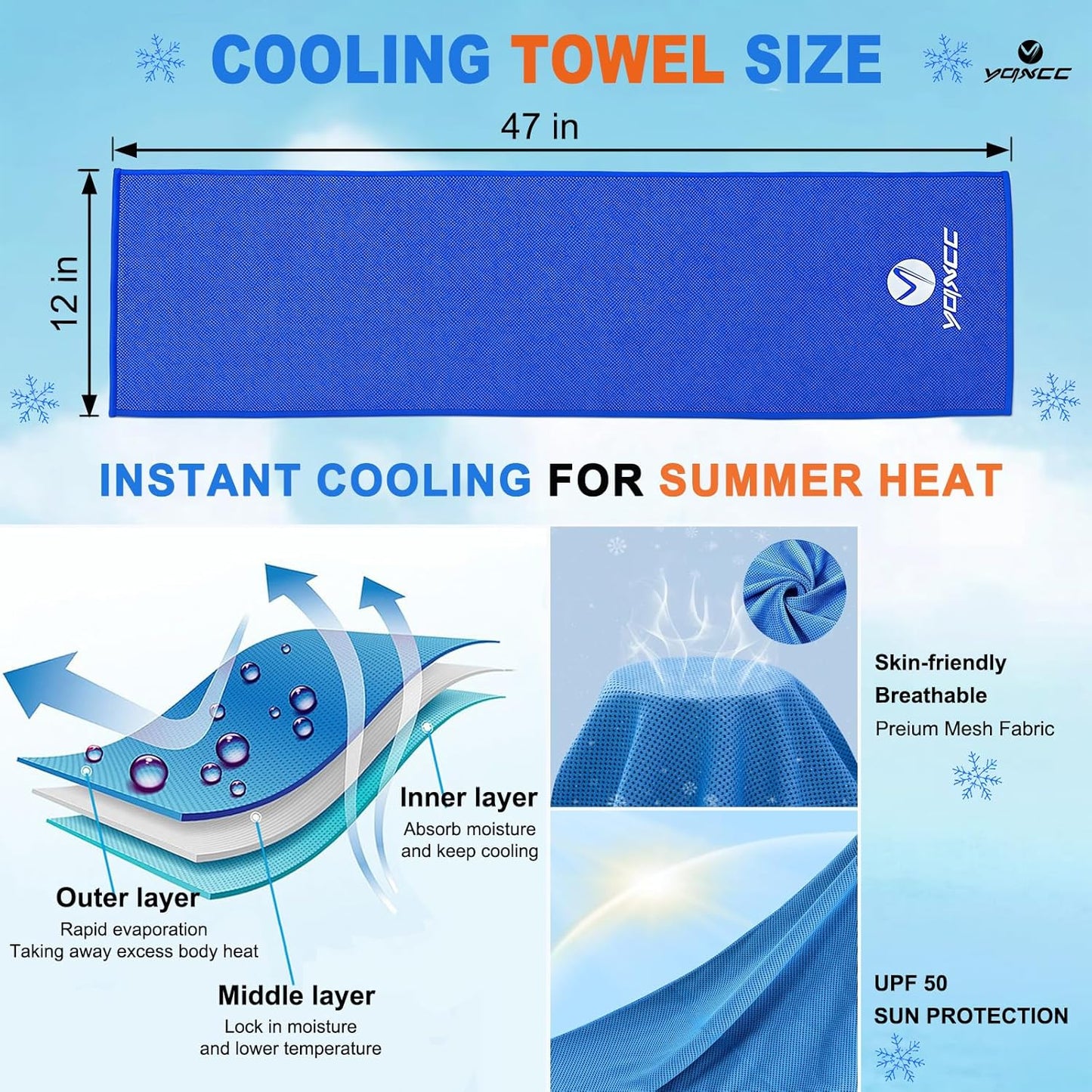 YQXCC 4 Pack Cooling Towels (47"x12"), Ice Cool Neck Towel, Soft Breathable Microfiber for Yoga, Golf, Gym, Running, Camping & Hot Weather