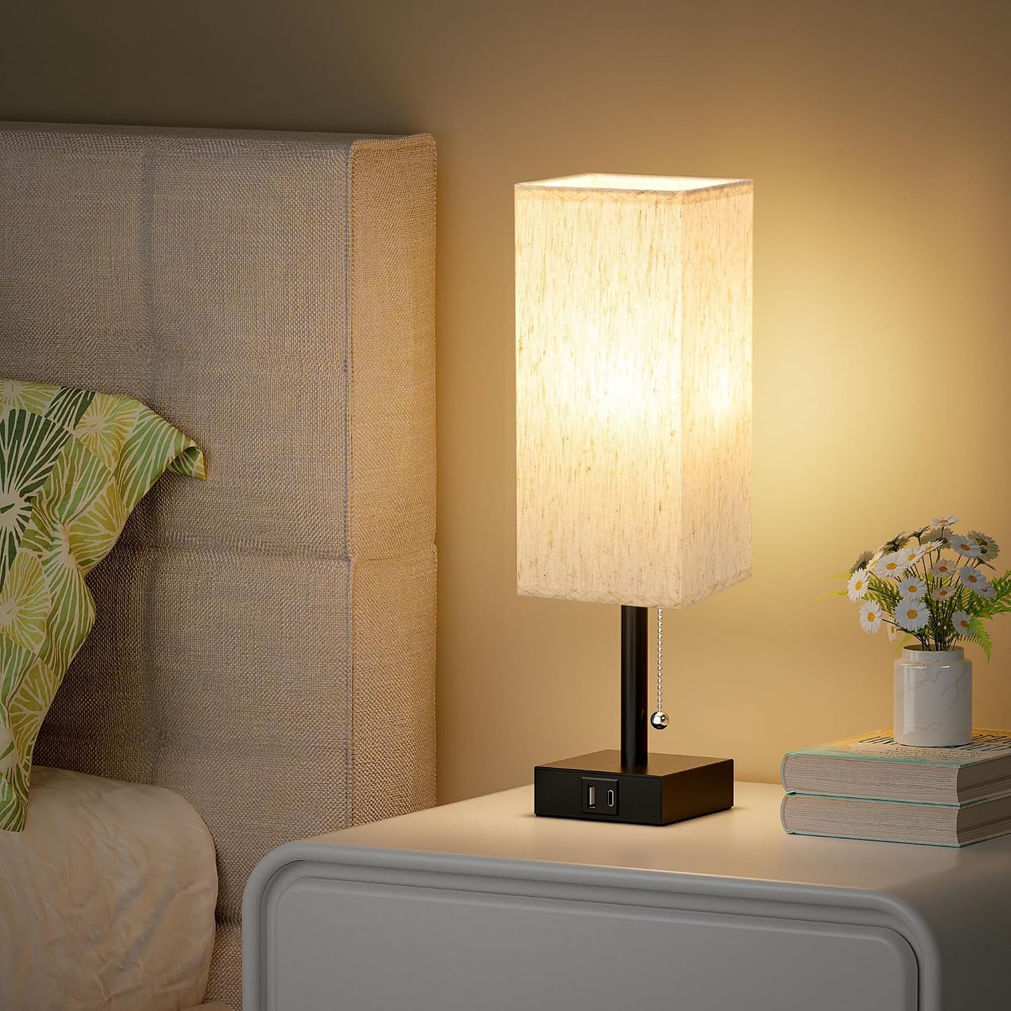 aooshine Small Table Lamp for Bedroom - Bedside Lamps for Nightstand, Minimalist Night Stand Light Lamp with Square Fabric Shade, Desk Reading Lamp for Kids Room Living Room Office Dorm