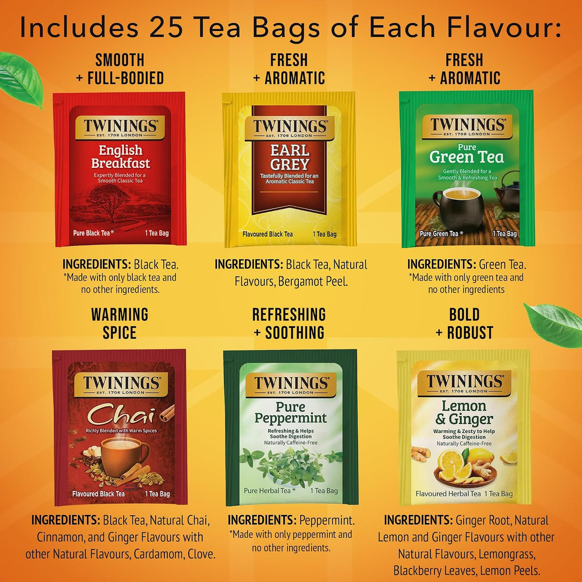 Twinings Variety Pack Tea Bags, 25 Count (Pack of 6) Includes English Breakfast, Earl Grey, Lemon Ginger, Peppermint, Green, and Chai, Enjoy Hot or Iced, 150 Teabags