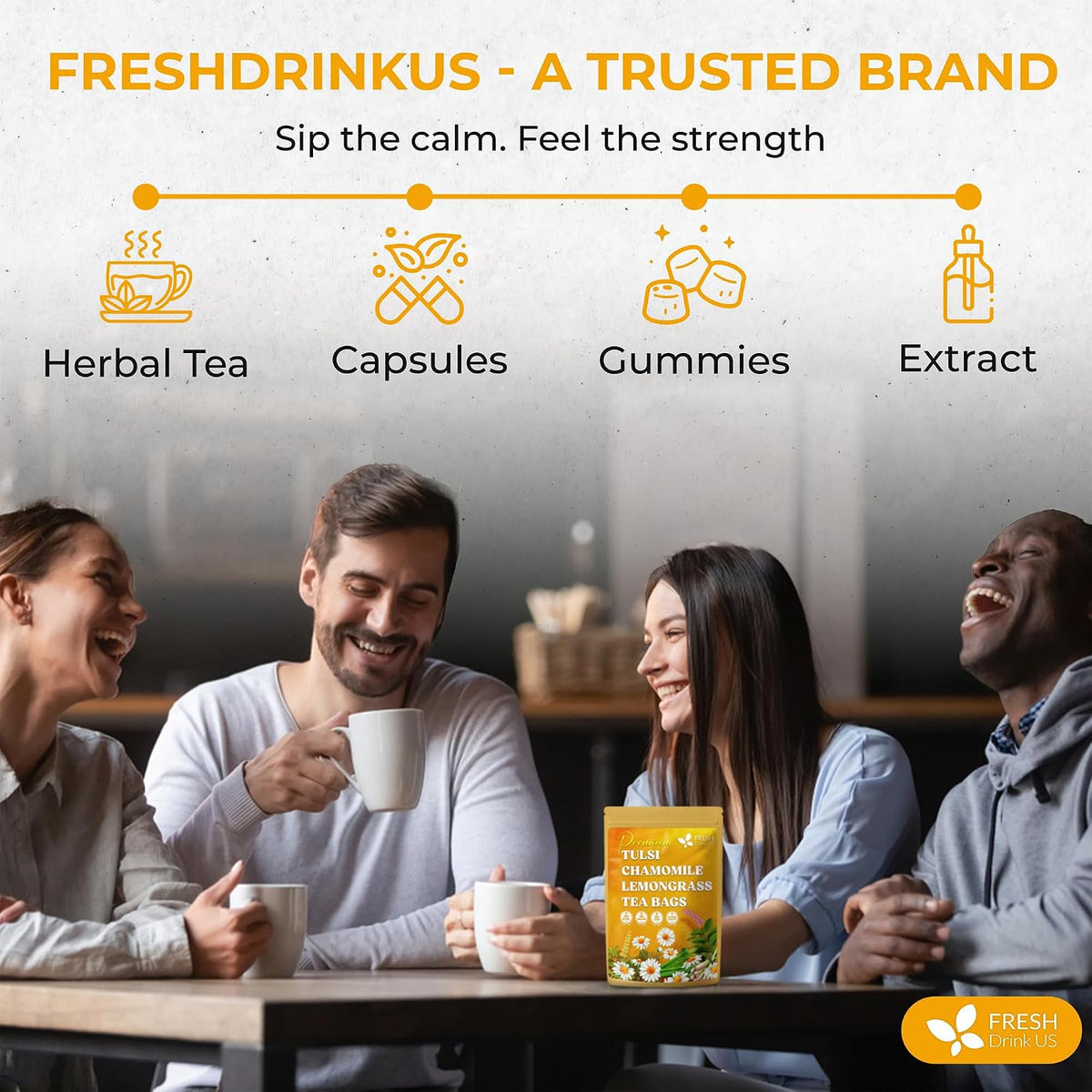 FreshDrinkUS, Premium 75 Tea Bags Tulsi Chamomile Lemongrass Herbal Tea | Blend with Holy Basil, Chamomile Flowers & Lemongrass Leaves – Naturally Caffeine-Free, Soothing Herbal Infusion. Vegan