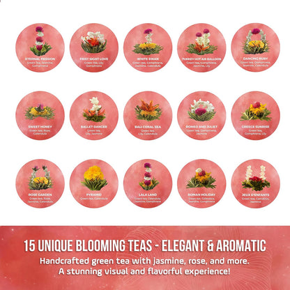 FreshDrinkUS, Premium 15 Flowering Tea Balls – Green Tea, Lily, Jasmine, Rose, Gomphrena & More – Beautiful Hand-Tied Blooming Teas for Relaxation & Wellness – Caffeine-Free. Ideal Gift for Tea Lovers