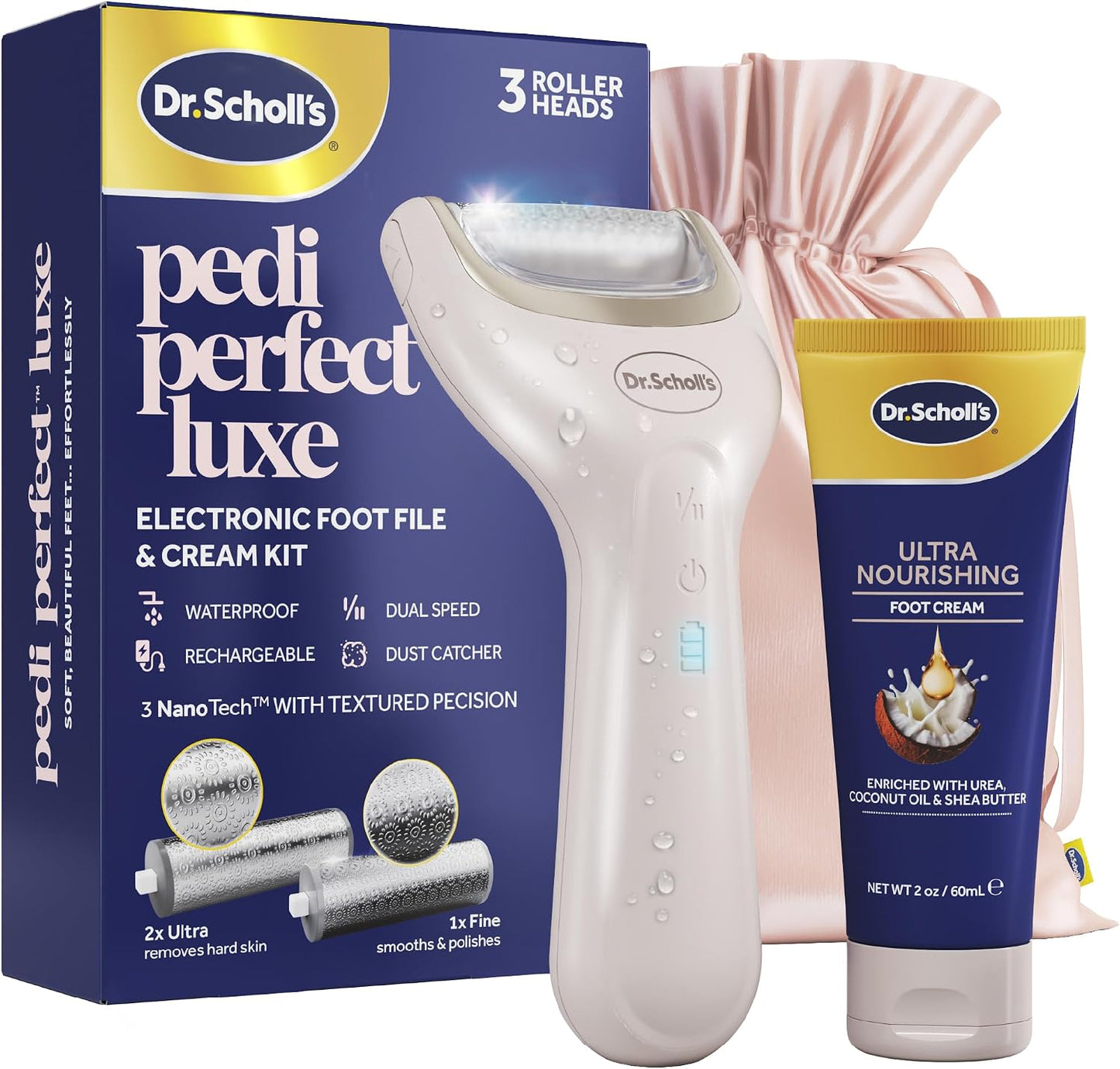 Dr. Scholl's Pedi Perfect Electric Foot Callus Remover, Waterproof, Rechargeable with x2 Roller Heads, Removes Hard Skin for Soft Beautiful Feet, 90 Minute Run Time, Dust Catcher, Pedicure Tools