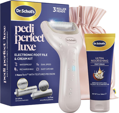 Dr. Scholl's Pedi Perfect Electric Foot Callus Remover, Waterproof, Rechargeable with x2 Roller Heads, Removes Hard Skin for Soft Beautiful Feet, 90 Minute Run Time, Dust Catcher, Pedicure Tools