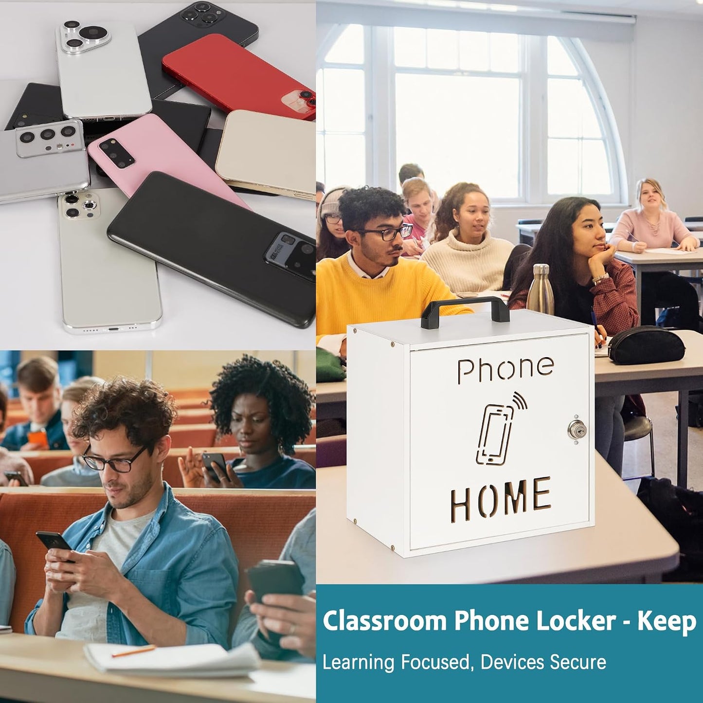 Wooden Phone Lock Box, Cell Phone Locker with 33 Adjustable Dividers | Phone Storage Cabinet with Security Lock & Handle, Desktop Phone Organizer for Classroom, Office & Repair Shops