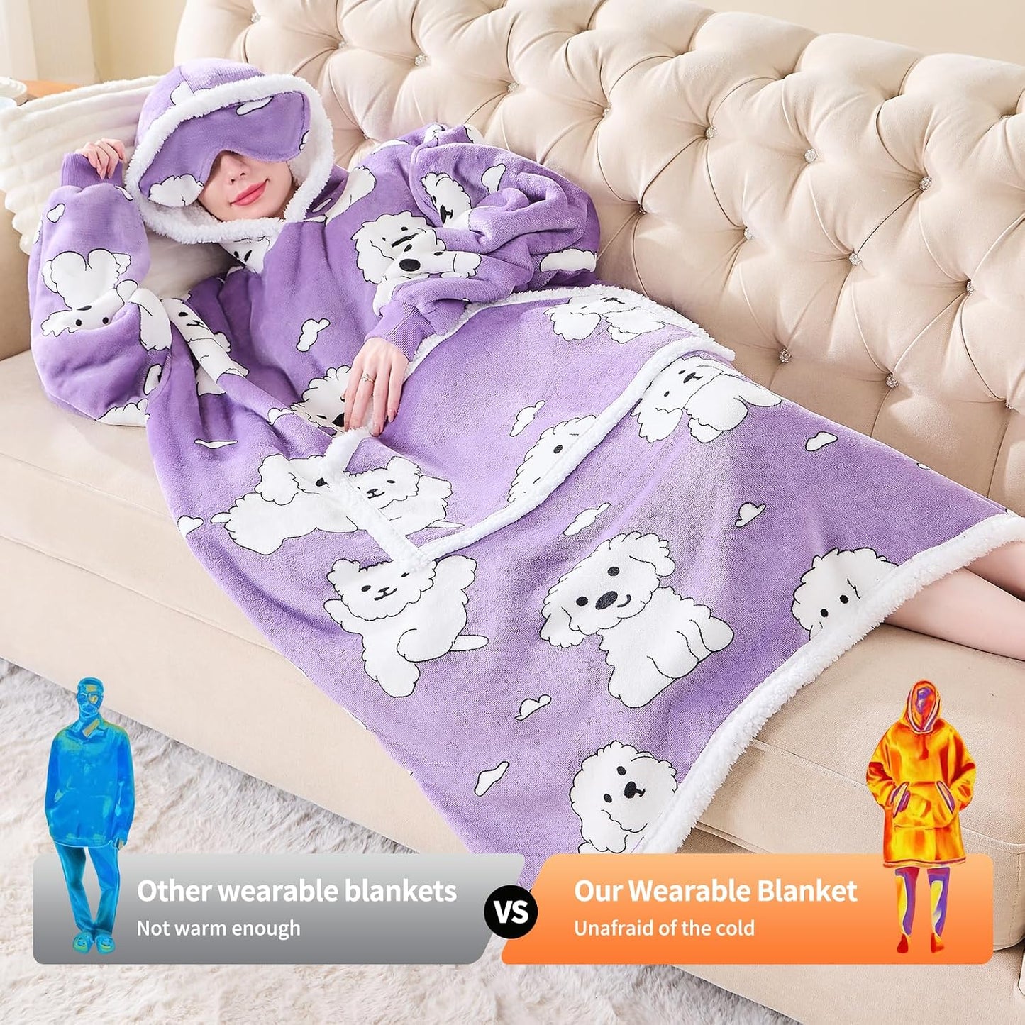 IFNOW Wearable Blanket Hoodie, Oversized Sherpa Fleece Hooded Blanket Sweatshirt with Eye Mask and Pocket, Comfy Long Flannel Blanket for Adults Men,Gifts for Women Mom Girlfriend,MoonFace