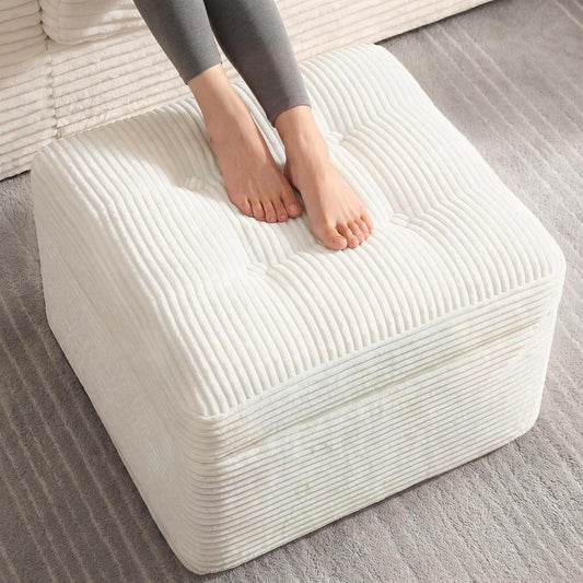 23.6in Pouf Ottoman, Corduroy Ottoman Foot Rest with Dual‑Layer Support, Large Plush Pouf with Soft Chunk‑Foam Top & Firm Foam Base, Floor Foot Stool for Living Room, Beige