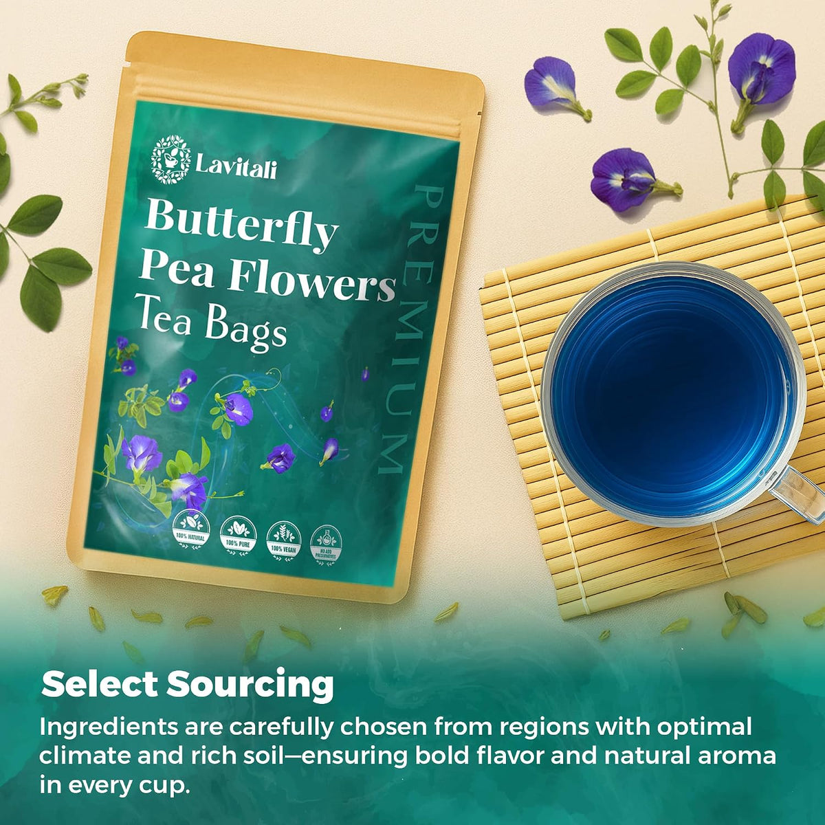 Lavitali, Butterfly Pea Flower Tea | 60 bags, 100% Pure Herbal Tea | Caffeine-Free, Antioxidant-Rich, Eco-Friendly Filter Bag | Daily Natural Botanical, Hot or Iced Floral Infusion