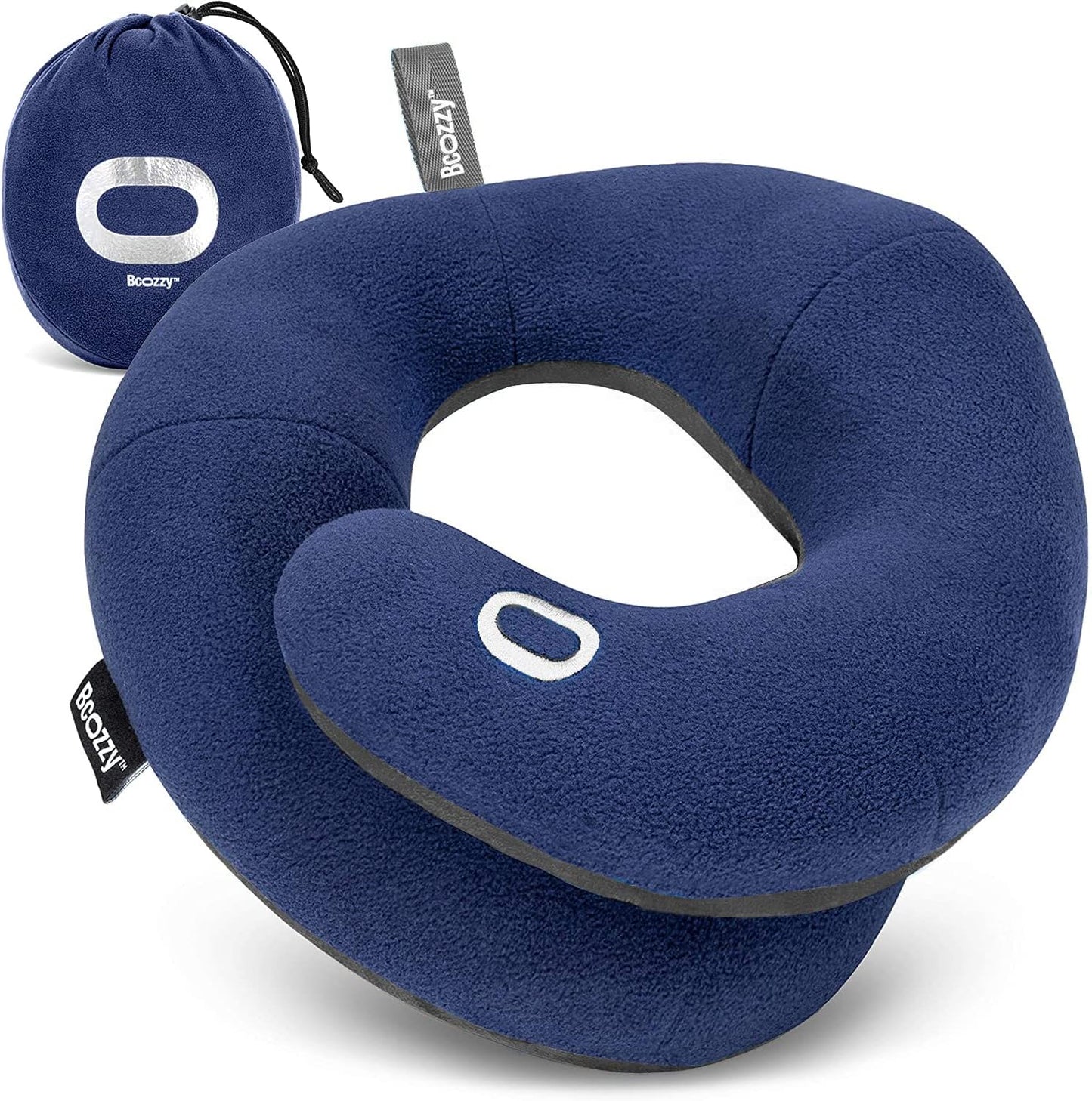 BCOZZY Travel Neck Pillow for Airplane– Patented Double Support for Head, Neck, and Chin. Best for Long Flights, Plane Sleeping, and Car Rides. Adjustable Size. Fully Washable. Carry Bag. Large, Black