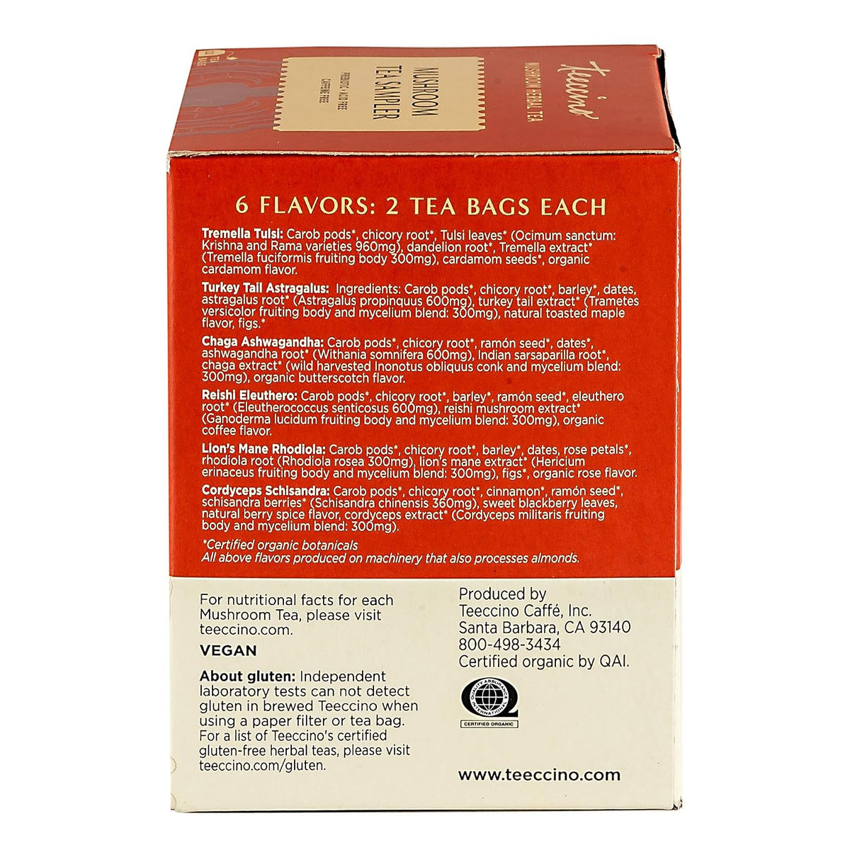 Teeccino Mushroom Herbal Tea - Mushroom Adaptogen Tea Sampler - 12 Tea Bags - Support Your Health With Mushrooms and Adaptogenic Herbs, Prebiotic, Caffeine Free, Acid Free