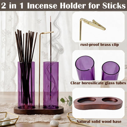2 in 1 Anti-Ash Incense Holder for Sticks, Upside Down Hanging Incense Burner with Removable Glass Ash Catcher and Wooden Base, Modern Vertical Zen Decor for Home Office Yoga Meditation Room（Clear）
