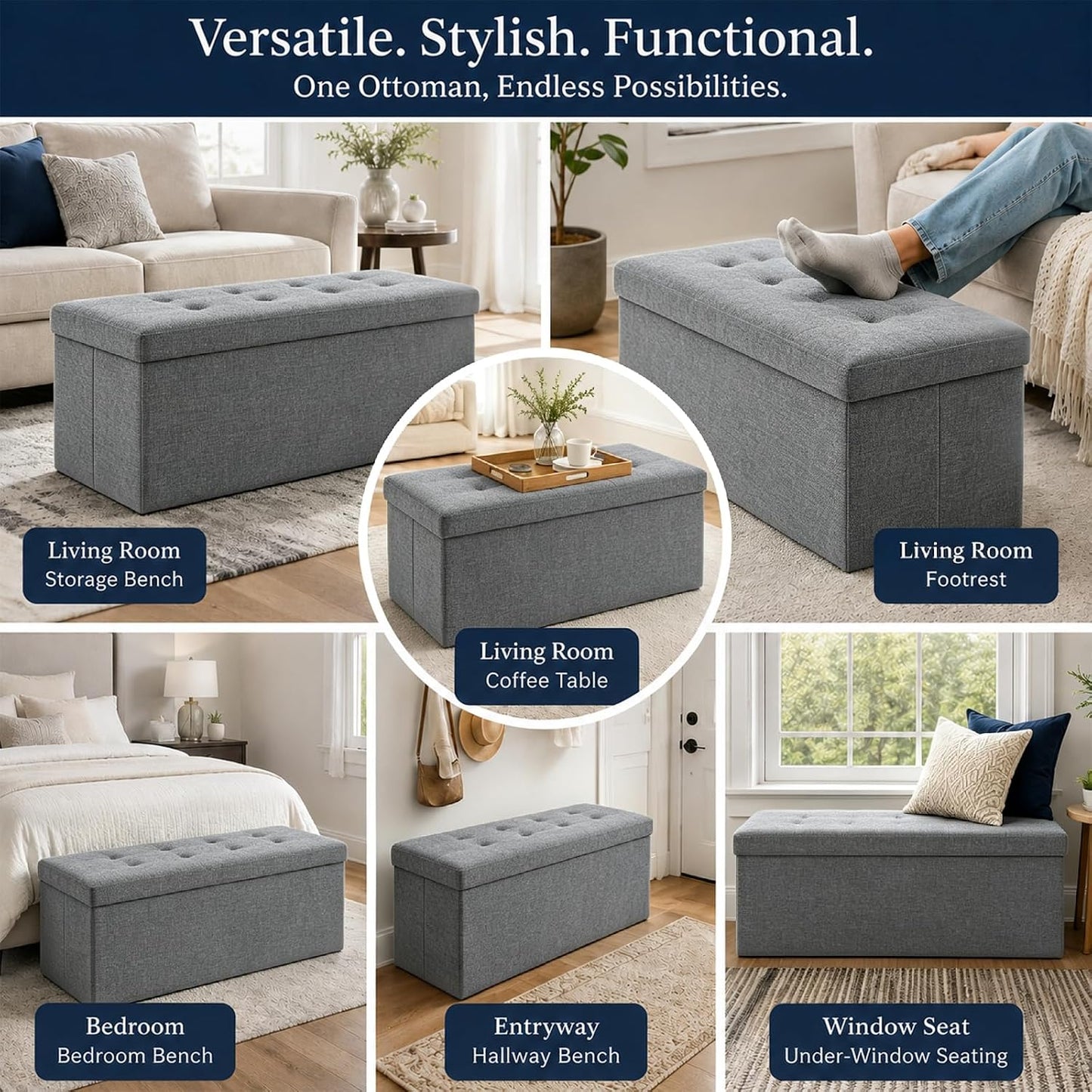 ALASDO Storage Ottoman Footrest Stool Small Ottoman with Storage Foldable Ottomans Foot Rest Footstool Bench for Living Room 17x13x13inches Grey